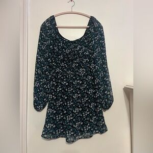 Mi Ami for Francesca's Collections Floral Black and Teal Long Sleeve Dress